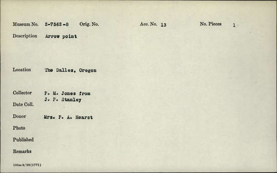 Documentation associated with Hearst Museum object titled Projectile point, accession number 2-7566, described as Arrow point.