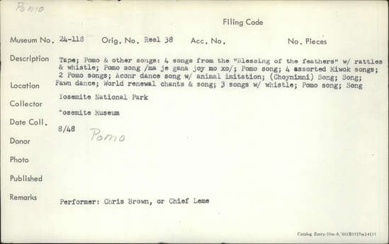 Documentation associated with Hearst Museum object titled Audio recording, accession number 24-118.S#16.A.21, described as Song used in leaving the roundhouse at the end of the dance