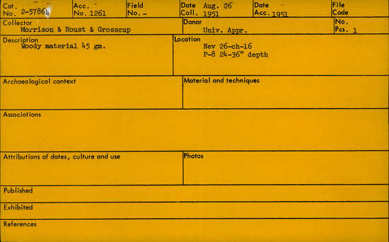 Documentation associated with Hearst Museum object titled Soil/wood sample, accession number 2-57864, described as Woody material, 45 grams