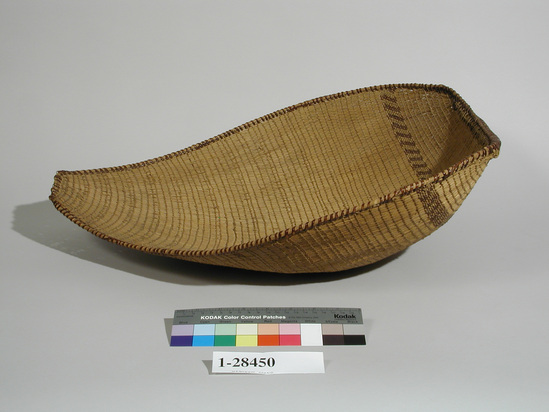 Hearst Museum object titled Basket, accession number 1-28450, described as Meal shaker basket, red bands. Sumac shoot warp, weft of sedge root and split redbud shoots. Diagonal twined.