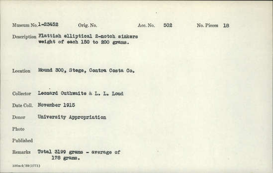 Documentation associated with Hearst Museum object titled Sinkers, accession number 1-23452, described as Flattish, elliptical, 2-notch