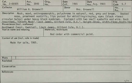 Documentation associated with Hearst Museum object titled Mask, accession number 2-66925, described as Wood, red cedar, anthropomorphic, polychrome in natural, red, grey and brown. Beaked nose, prominent nostrils, lips pursed for whistling/singing, eyes (black rimmed circular holes) under heavy black eyebrows. Equipped with 2 small eyebolts and wire. Back inscribed, "Chiefs Mask" "Jack James, Gilford Isle, B.C." Commercial paint.