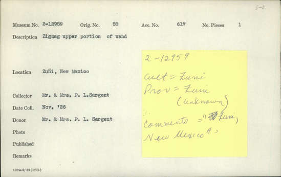 Documentation associated with Hearst Museum object titled Wand fragment, accession number 2-12959, described as Zigzag upper portion of wand.