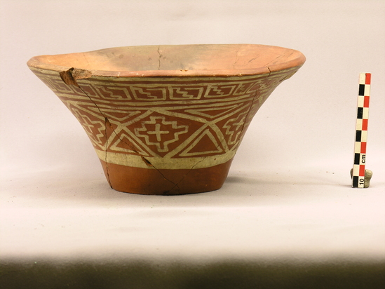 Hearst Museum object 1 of 9 titled Bowl, accession number 4-3312, described as Large flaring flat-bottomed bowl, red, white design