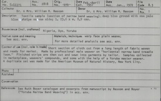 Documentation associated with Hearst Museum object titled Textile sample, accession number 5-11171, described as textile sample (section of narrow band weaving):  deep blue ground with one pale blue stripe on one side;  l. 23.6 x w. 8.9 cms.