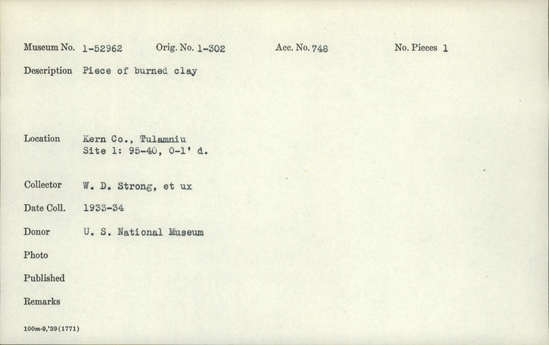 Documentation associated with Hearst Museum object titled Baked clay, accession number 1-52962, described as Piece of burned clay