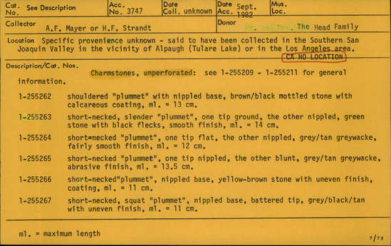 Documentation associated with Hearst Museum object titled Charmstone, accession number 1-255267, described as Unperforated charmstone; short-necked, squat “plummet”, nippled base, battered tip, grey/black/tan with uneven finsh