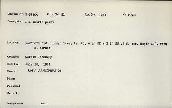 Documentation associated with Hearst Museum object titled Stone point, accession number 2-32404, described as Red chert ? point