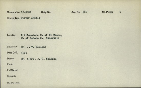 Documentation associated with Hearst Museum object titled Shell fragment, accession number 16-3637, described as Oyster shells