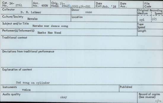 Documentation associated with Hearst Museum object titled Audio recording, accession number 24-2761, described as Navajo War Dance Song