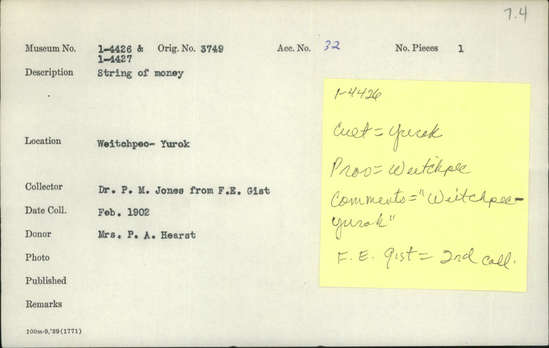 Documentation associated with Hearst Museum object titled Shell money, accession number 1-4427, described as Dentalium shells, one string of 13 (3 missing); on fiber cordage, with hank of white thread at each end; wide end of shell snakeskin wrapped