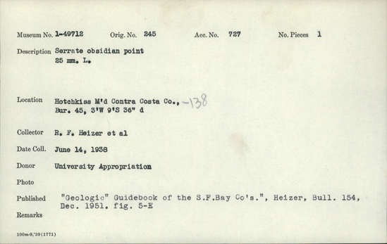 Documentation associated with Hearst Museum object titled Point, accession number 1-49712, described as Serrate obsidian. Notice: Image restricted due to its potentially sensitive nature. Contact Museum to request access.