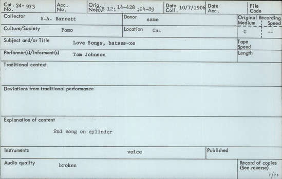 Documentation associated with Hearst Museum object titled Audio recording, accession number 24-973, described as Love Song (batses xe)