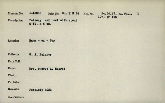Documentation associated with Hearst Museum object titled Bowl, accession number 6-16000, described as pottery: red bowl with spout diameter 11 height 6 cm