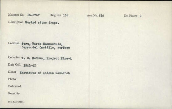 Documentation associated with Hearst Museum object titled Worked stone fragments, accession number 16-6757, described as Worked stone frags.