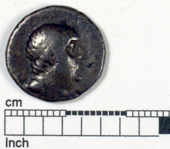 Hearst Museum object 1 of 6 titled Coin: ar drachm, accession number 8-5601, described as Coin; AG; Silver issue Obverse: Head of Ariobarzanes I right, wearing diadem Reverse: Athena, wearing helmet and chiton, standing left; left and supports a spear, and shield; right hand outstreached supports Nike right holding wreath; inscr.: ΒΑΣΙΛΕΩΣ ΑΡΙΟΒΑΡΖΑΝ[   ]Λ[ΜΑΙΟΥ