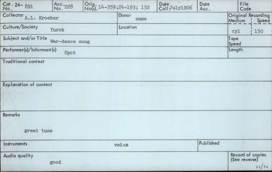 Documentation associated with Hearst Museum object titled Audio recording, accession number 24-891, described as War Dance Song