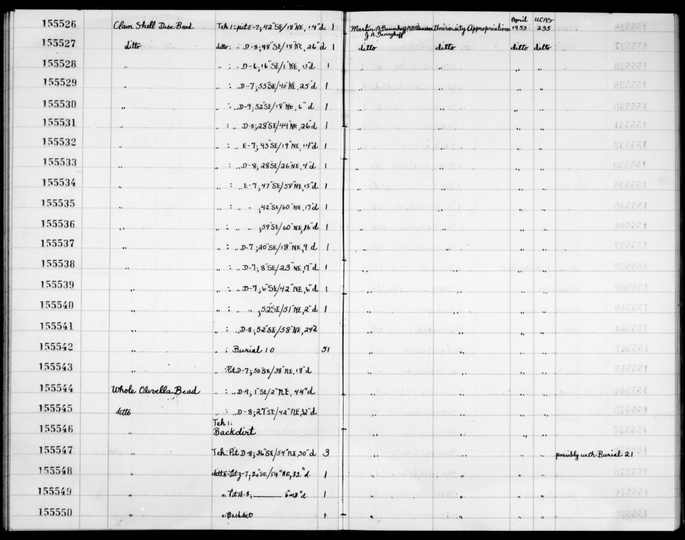 Documentation associated with Hearst Museum object titled Bead, accession number 1-155533, described as Clam shell disc.