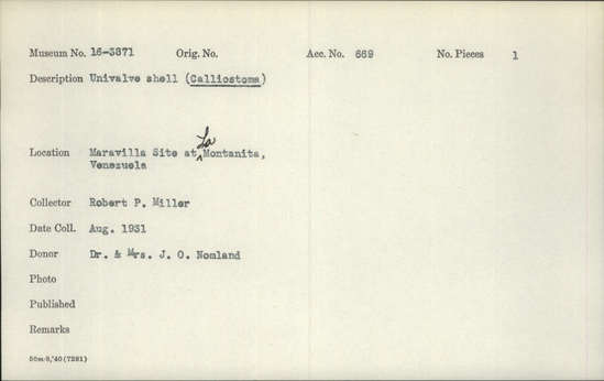 Documentation associated with Hearst Museum object titled Shell, accession number 16-3871, described as Univalve shell (Calliostoma)