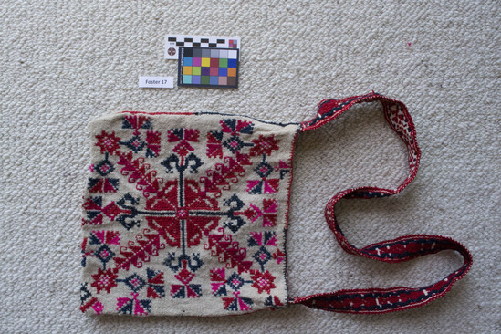 Hearst Museum object 2 of 3 titled Bag, accession number 3-32038, described as Woven shoulder bag, white with pattern.