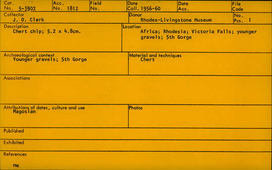 Documentation associated with Hearst Museum object titled Chip, accession number 5-3902, described as Chert chip