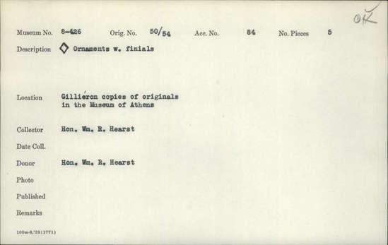 Documentation associated with Hearst Museum object titled Ornaments (reproduction), accession number 8-426a-e, described as Rhomboid ornaments with finials. Reproduction by Emile Gilliéron.