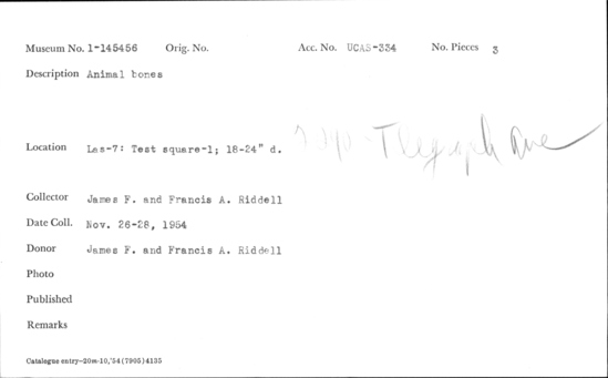 Documentation associated with Hearst Museum object titled Faunal remains, accession number 1-145456, described as Animal bones.