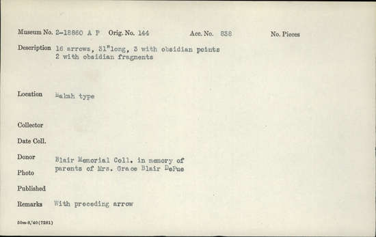 Documentation associated with Hearst Museum object titled Arrows, accession number 2-18860a-p, described as 3 with obsidian points, 2 with obsidian fragments.