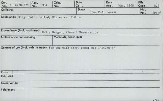 Documentation associated with Hearst Museum object titled Ring, accession number 1-14278, described as Small tule ring.