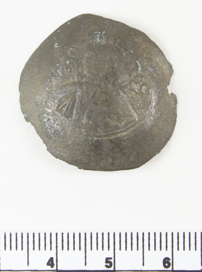 Hearst Museum object 3 of 6 titled Coin: billon aspron trachy, accession number 8-8166, described as Coin; Billon aspron trachy; Byzantine. 2.46 grams. John II, AD 1118-1143. Obverse: Bust with scepter.