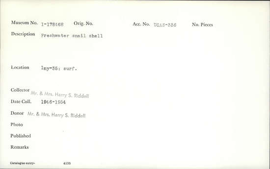 Documentation associated with Hearst Museum object titled Shell, accession number 1-178468, described as Freshwater snail.