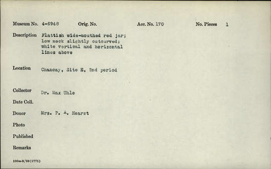 Documentation associated with Hearst Museum object titled Jar, accession number 4-6948, no description available.