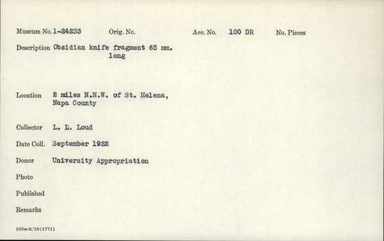 Documentation associated with Hearst Museum object titled Knife, accession number 1-24233, described as obsidian knife fragment 65 mm. long