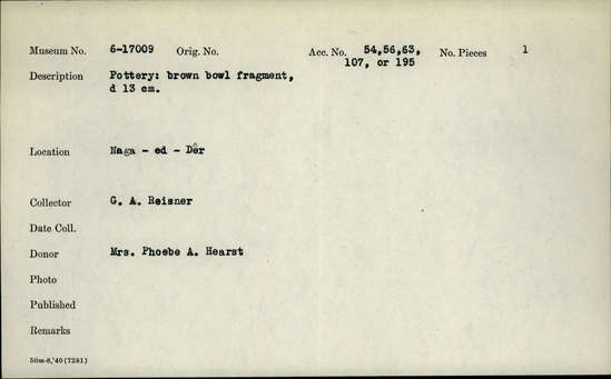 Documentation associated with Hearst Museum object titled Bowl fragment, accession number 6-17009, described as pottery: brown bowl fragment, diameter 13 cm