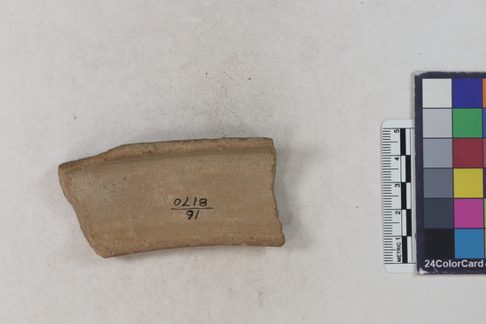 Hearst Museum object 2 of 2 titled Potsherd, accession number 16-8170, described as Potsherd; rim, painted red on rim Section of Manta on beach currently inhabited. Numbers  8111 to 8194 are sherds picked up on beach at low tide.