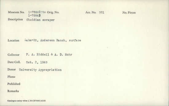 Documentation associated with Hearst Museum object titled Scraper, accession number 1-78841, described as Obsidian.