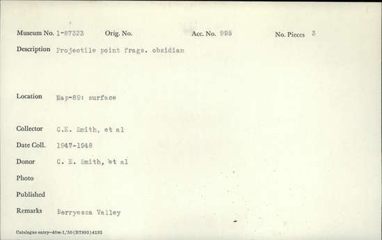 Documentation associated with Hearst Museum object titled Projectile point fragments, accession number 1-87323, described as Obsidian projectile point fragment.