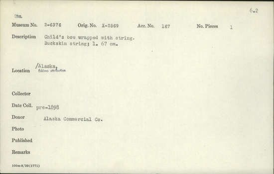 Documentation associated with Hearst Museum object titled Bow, accession number 2-6376, described as Wrapped with buckskin string.