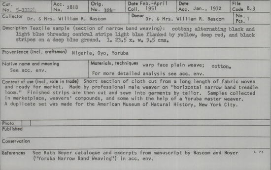 Documentation associated with Hearst Museum object titled Textile fragment, accession number 5-11124, described as Textile sample (section of narrow band weaving): cotton; alternating black and light blue threads; central stripe light blue flanked by yellow, deep red, and black stripes on a deep blue ground.