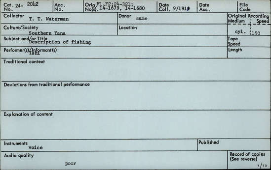 Documentation associated with Hearst Museum object titled Audio recording, accession number 24-2042, described as Description of fishing