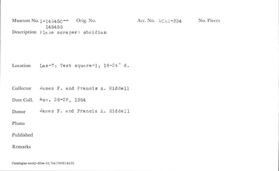 Documentation associated with Hearst Museum object titled Flake scraper, accession number 1-145450, described as Flake scraper, obsidian.