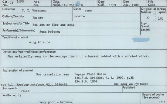 Documentation associated with Hearst Museum object titled Audio recording, accession number 24-1690, described as Red Ant or Piss Ant Song