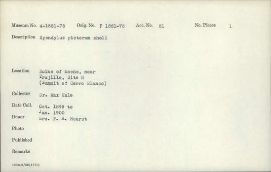 Documentation associated with Hearst Museum object titled Shell, accession number 4-1853, described as Spondylus pictorum shell.