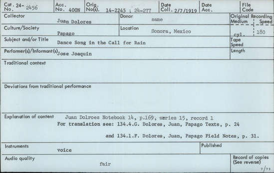 Documentation associated with Hearst Museum object titled Audio recording, accession number 24-2456, described as Dance Song in the Call for Rain Notebook 14, p.169 Series 15, Record 1