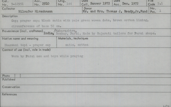 Documentation associated with Hearst Museum object titled Cap, accession number 9-12951, described as Cap; prayer cap; black satin with pale green woven dots, brown cotton lining