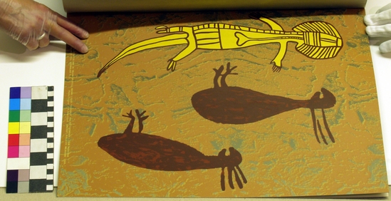 Hearst Museum object 4 of 6 titled Silkscreen, accession number 17-575a-e, described as Album of cave paintings of Arnhemland.