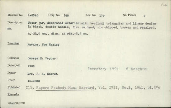 Documentation associated with Hearst Museum object titled Water jar, accession number 2-8348, described as Water jar, decorated exterior with vertical triangular and linear  design in black, double handle, fire smudged, rim chipped, broken and repaired.