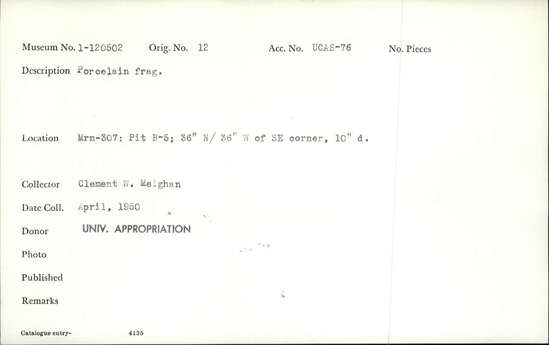 Documentation associated with Hearst Museum object titled Porcelain fragment, accession number 1-120502, described as Porcelain fragment attached to 1-127629. Notice: Image restricted due to its potentially sensitive nature. Contact Museum to request access.