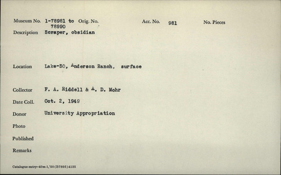 Documentation associated with Hearst Museum object titled Scraper, accession number 1-78981, described as Obsidian.