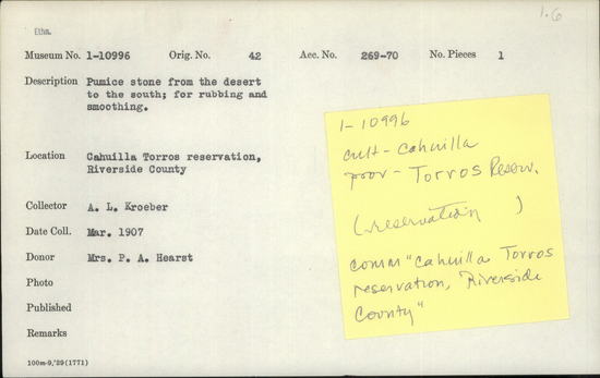 Documentation associated with Hearst Museum object titled Smoothing stone, accession number 1-10996, described as From the desert to the south.  For rubbing and smoothing.